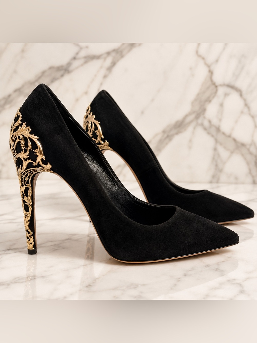 Casadei Black Suede Stiletto Pumps Gold Ornate Heels | Rare Statement | Size 10